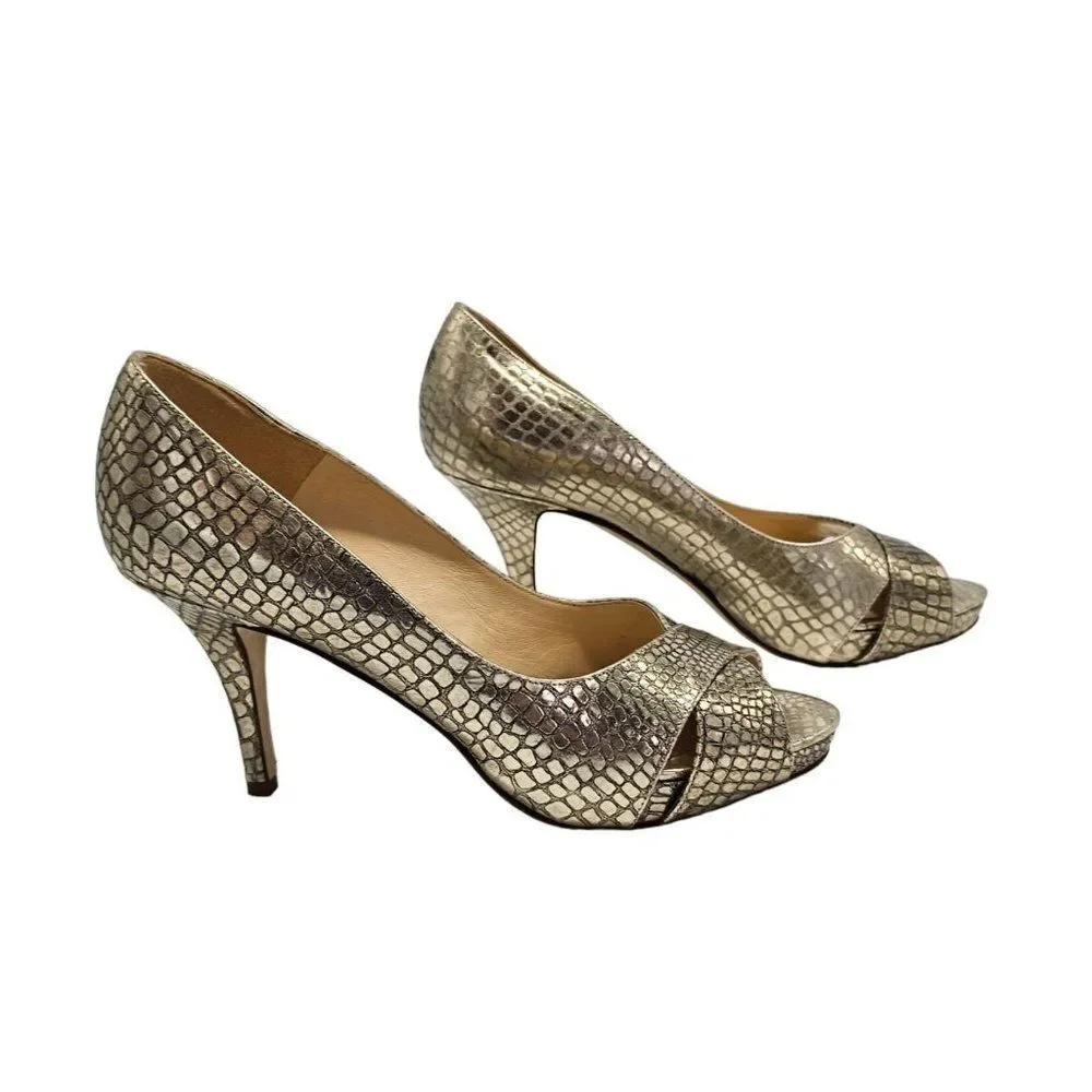 Kate Spade Gold animal embossed print leather peep toe heels Size 8